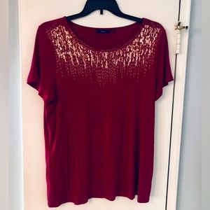 COPY - APT 9 Short sleeve raspberry top with gold sequins cascading from the ne…